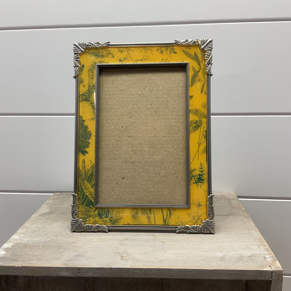 Fetco Yellow Botanical Toile Pewter Tone Ornate Metal Picture Frame 4x6